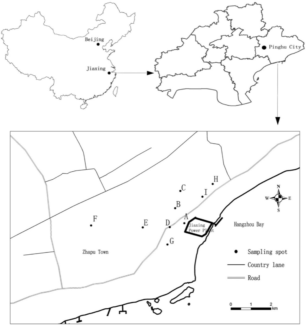 Map of mercury sampling sites around the Jiaxing power plant, southeast China.