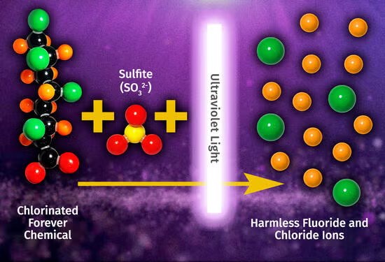 Article figure for the photochemical degradation and near-complete defluorination of chlorinated polyfluoroalkyl substances.